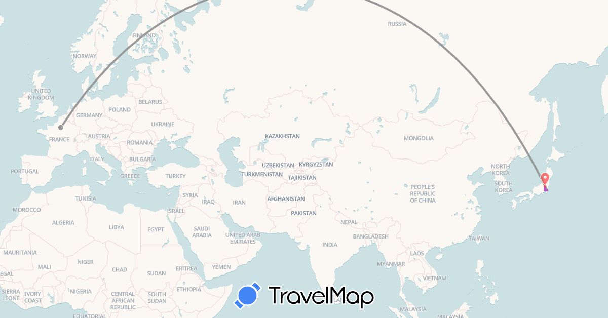 TravelMap itinerary: plane, train, hiking in France, Japan (Asia, Europe)